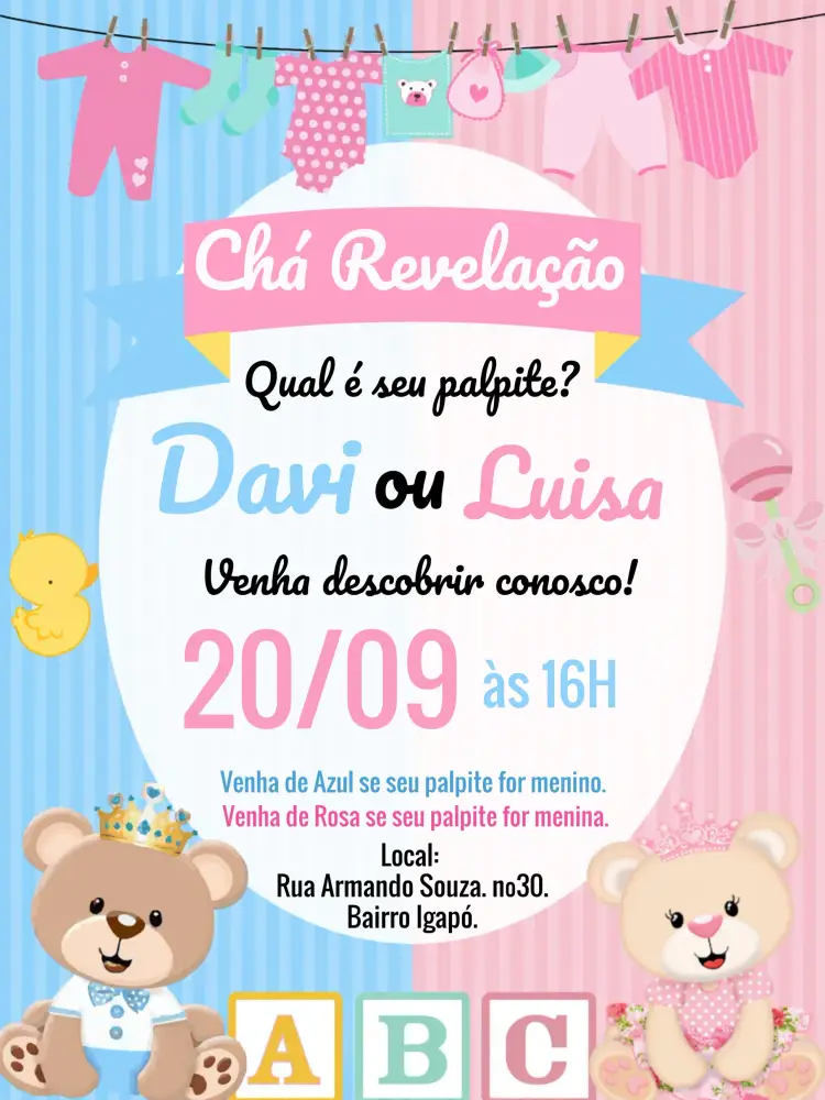 Convite Chá Revelação Ursinho Príncipe E Ursinha Princesa Rosa