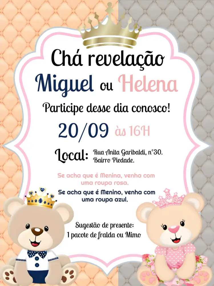 Convite Chá Revelação Ursinho Príncipe E Ursinha Princesa Rosa – tema Chá Revelação rosa, azul, realeza, coroa, ilustrações fofas, estilo lúdico
