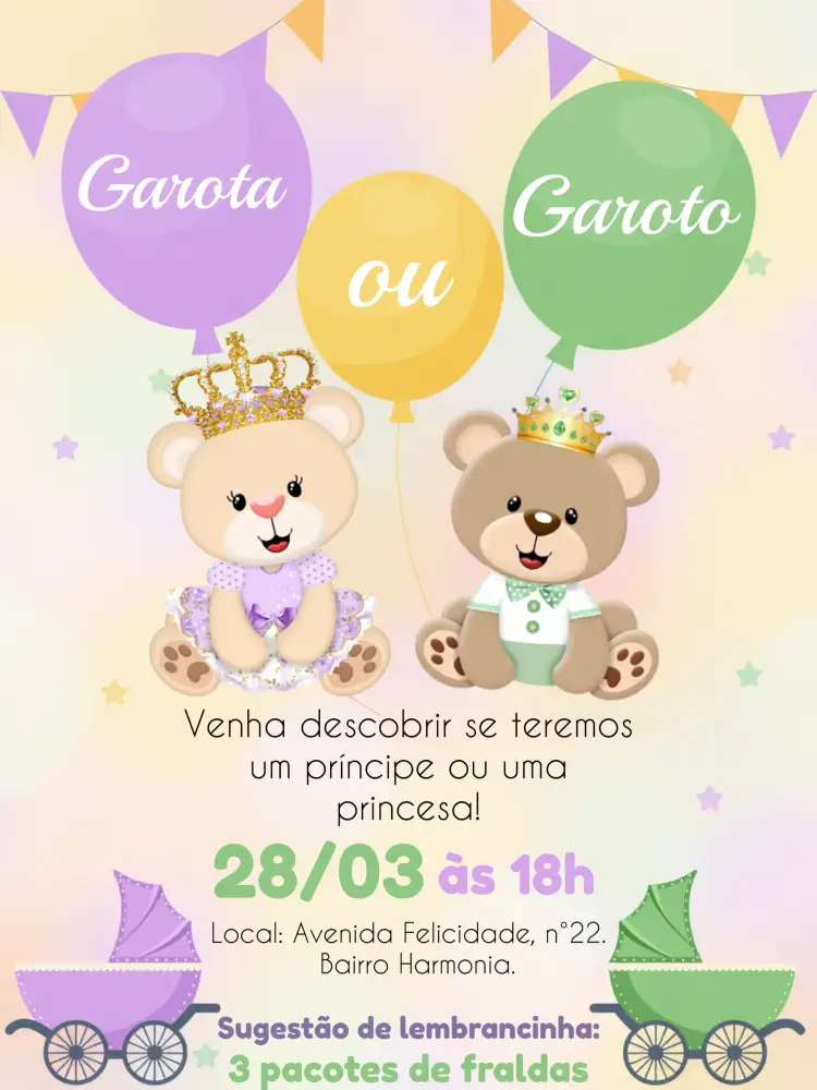 Convite Chá Revelação Ursinho Realeza Amarelo