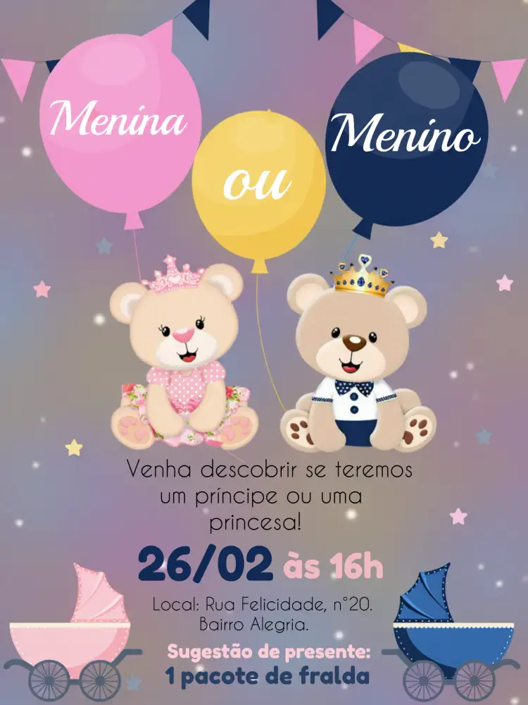 Convite Chá Revelação Ursinho Realeza Ursinha.principe – tema Chá Revelação ursinhos, realeza, chá revelação
