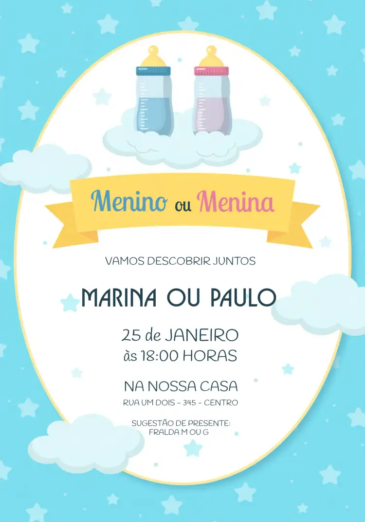 Convite Chá Revelação Ursinhos – tema Chá Revelação fofinho, colorido, infantil, moderno, lúdico