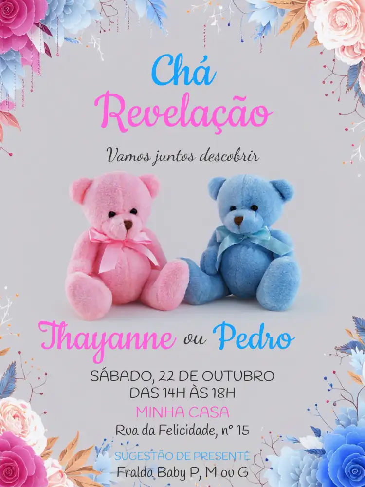 Convite Chá Revelação Ursinhos – tema Chá Revelação fofo, aquarela, pelúcia, pastel, infantil, colorido