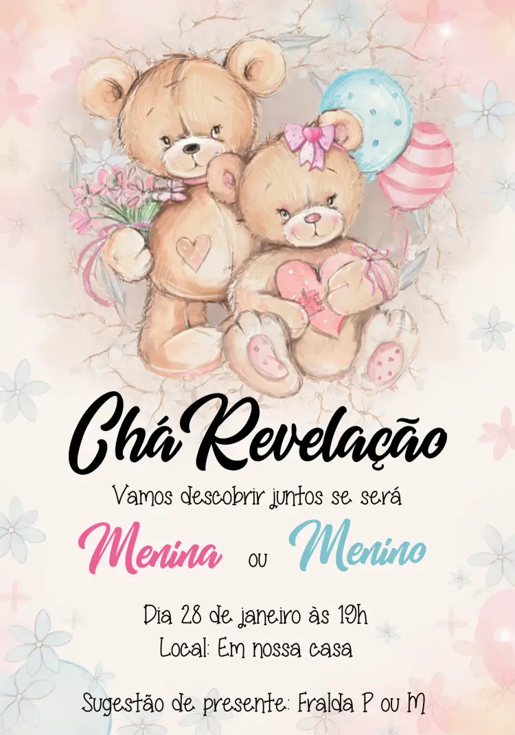 Convite Chá Revelação Ursinhos – tema Aniversário Infantil fofo, colorido, ilustrações de ursinhos, estilo lúdico, design alegre, paleta pastel