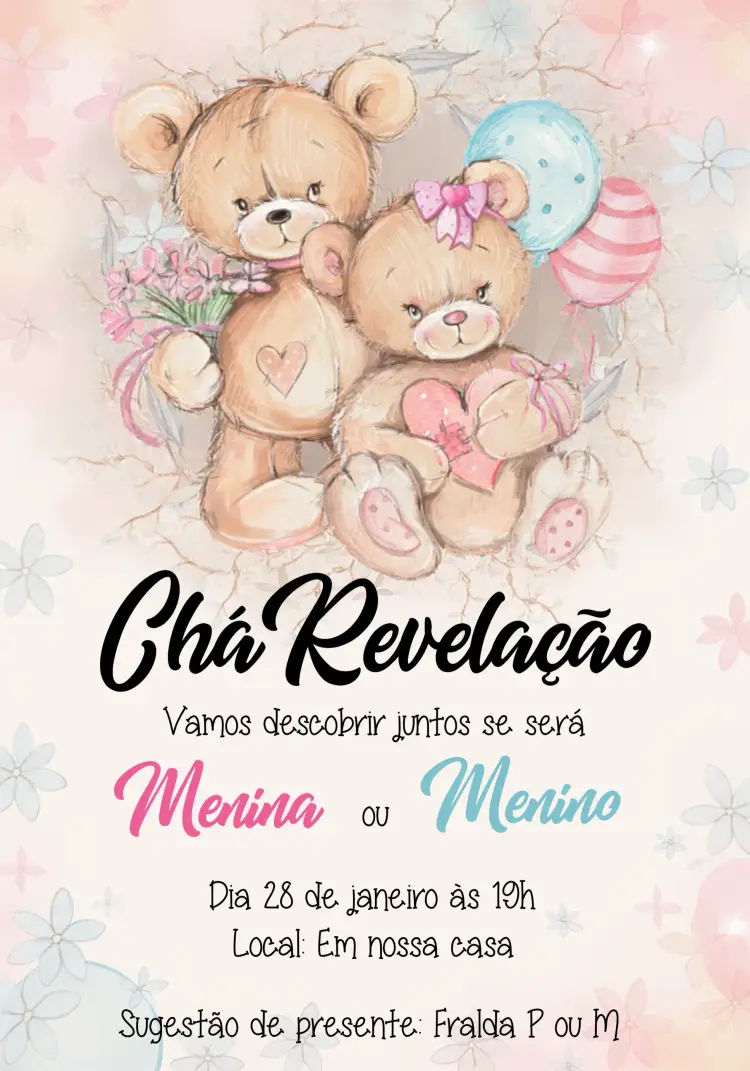 Convite Chá Revelação Ursinhos