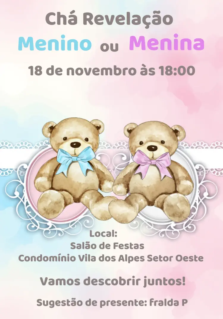 Convite Chá Revelação Ursinhos Aquarela Azul