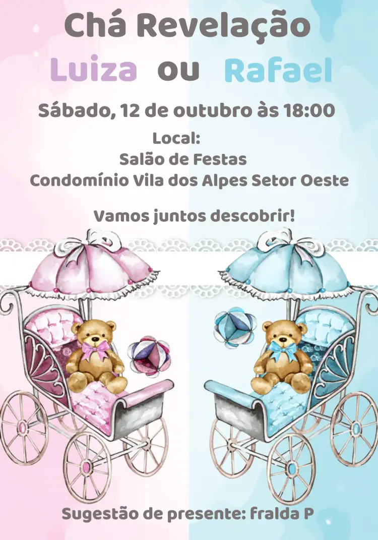 Convite Chá Revelação Ursinhos Aquarela Rosa