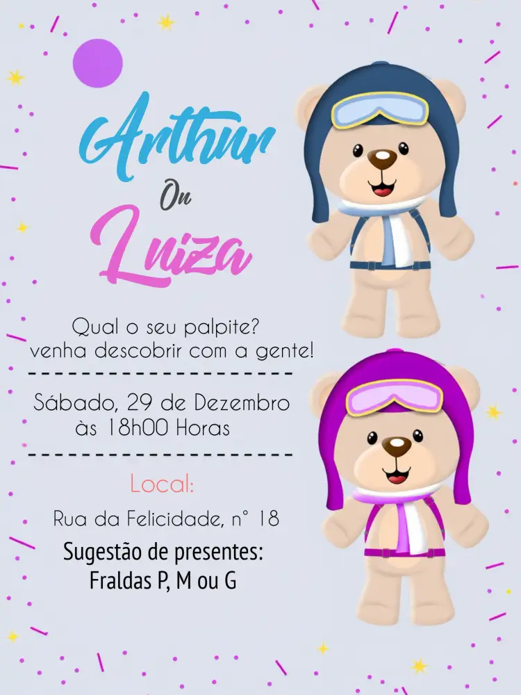 Convite Chá Revelação Ursinhos Aviadores Rosa
