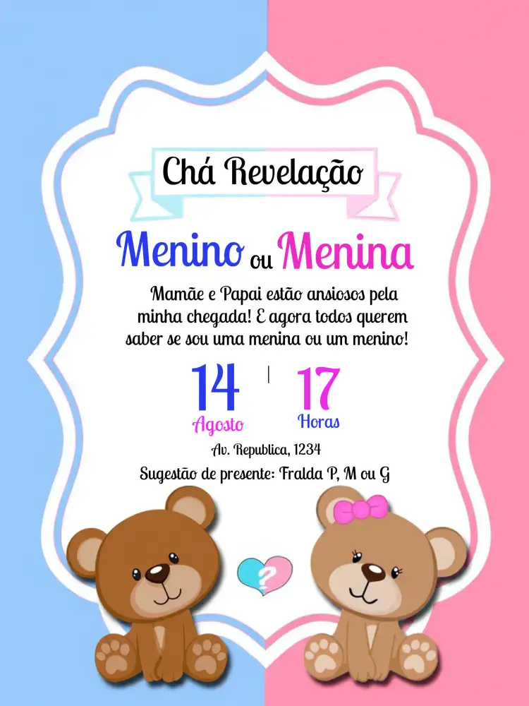 Convite Chá Revelação Ursinhos Azul – tema Chá Revelação azul suave, ursinhos fofos, corações, ilustração divertida, estilo moderno, cenas infantis