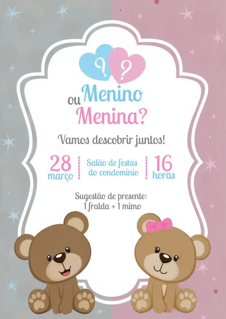 Chá Revelação Ursinhos Azul E Rosa Fraldas