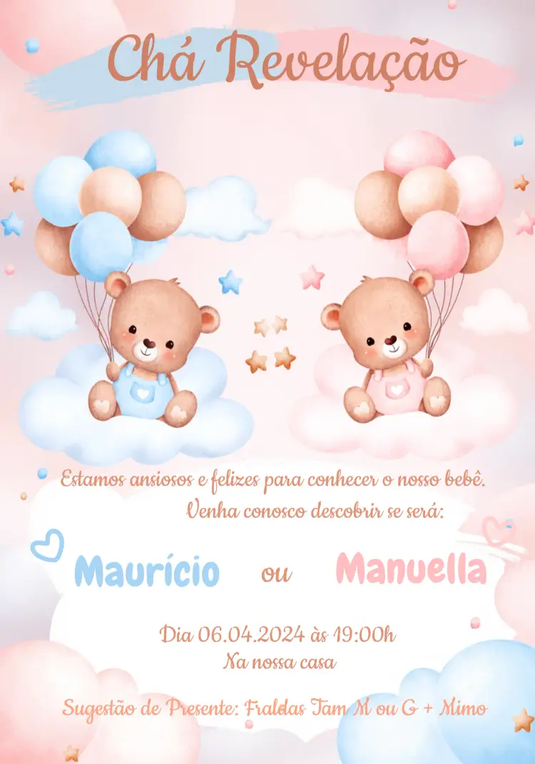 Convite Chá Revelação Ursinhos Baloeiro Rosa