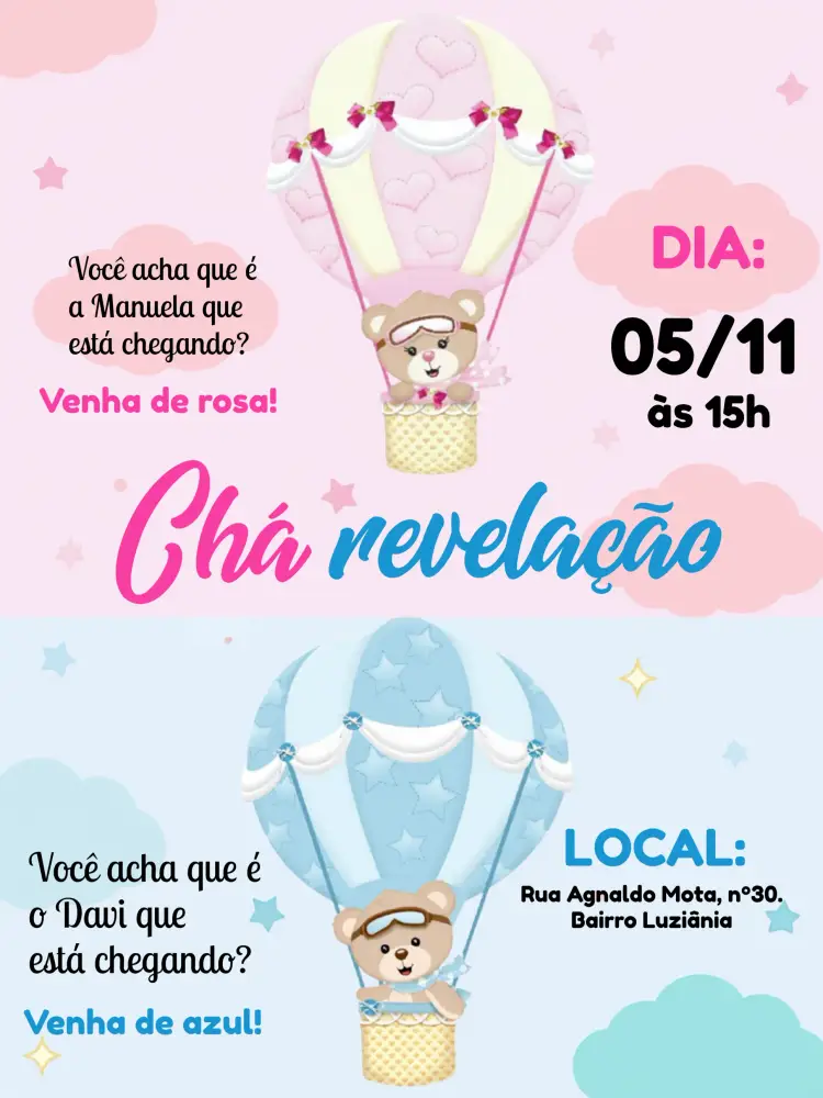 Convite Chá Revelação Ursinhos Baloeiros Balão