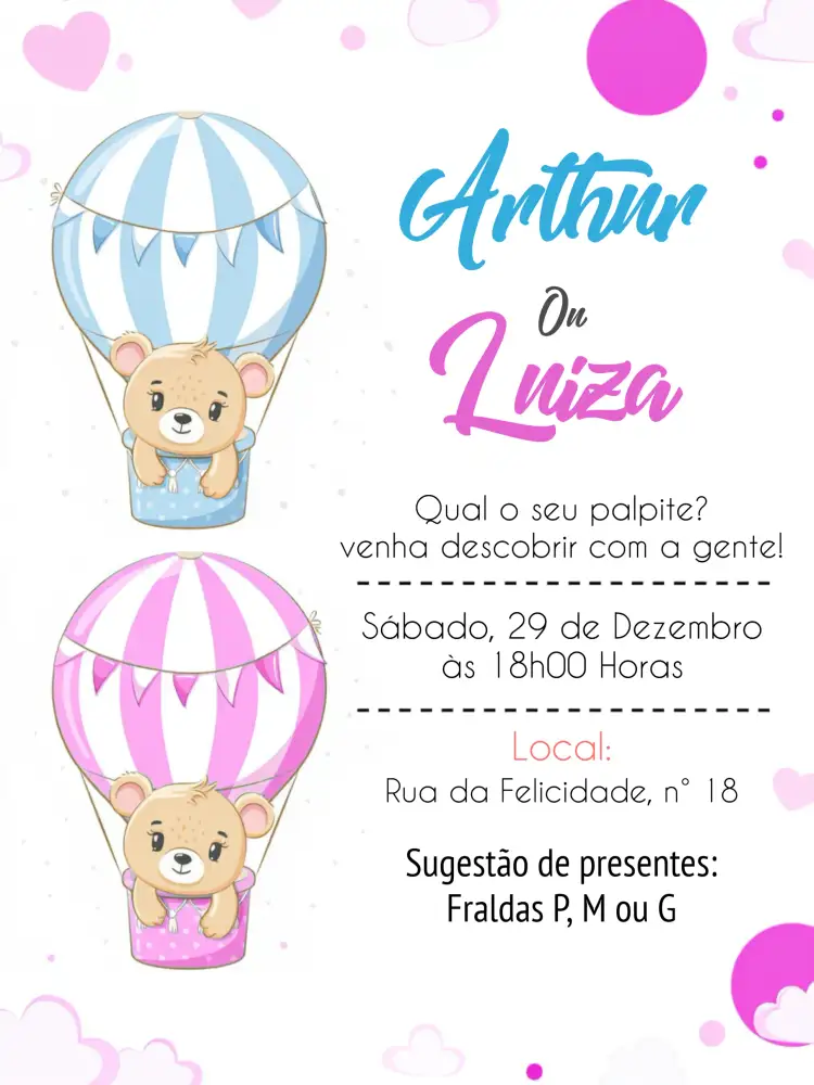 Convite Chá Revelação Ursinhos Baloeiros Branco – tema Chá Revelação colorido, infantil, divertido, moderno, fofo, lúdico