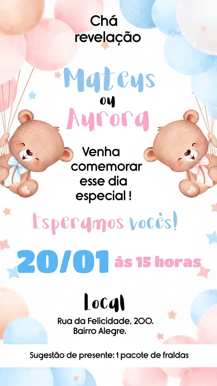 Chá Revelação Ursinhos Baloeiros - Rosa E Azul Menino
