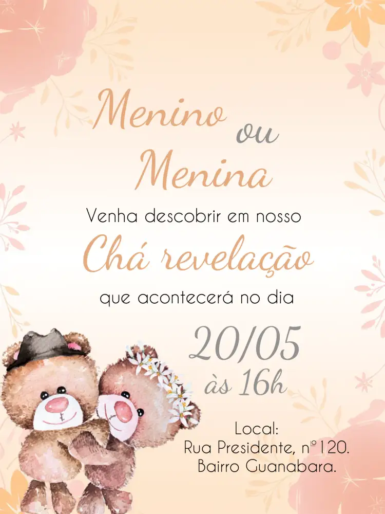 Convite Chá Revelação Ursinhos Bebe – tema Chá Revelação delicado, neutro, fofo, minimalista, colorido, moderno