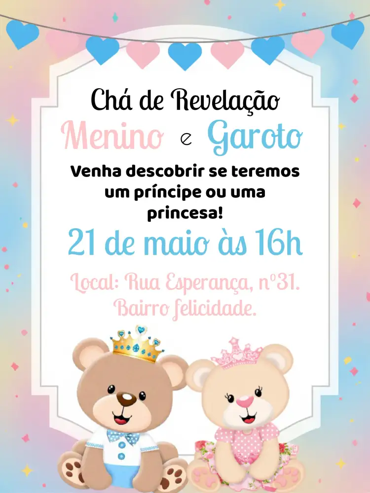 Convite Chá Revelação Ursinhos Branco – tema Chá Revelação fofo, branco, azul, rosa, ilustrações de ursinhos, estilo lúdico