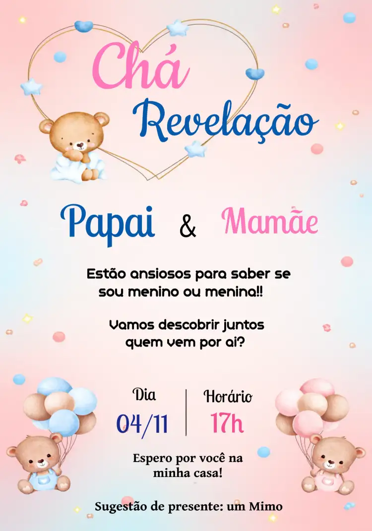 Convite Chá Revelação Ursinhos Branco – tema Chá Revelação lúdico, colorido, moderno, fofo, infantil