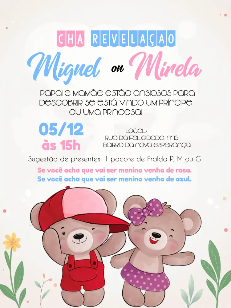 Convite Chá Revelação Ursinhos Cinza – tema Chá Revelação aquarela, jardim, ursinhos, tons pastéis, floral, moderno