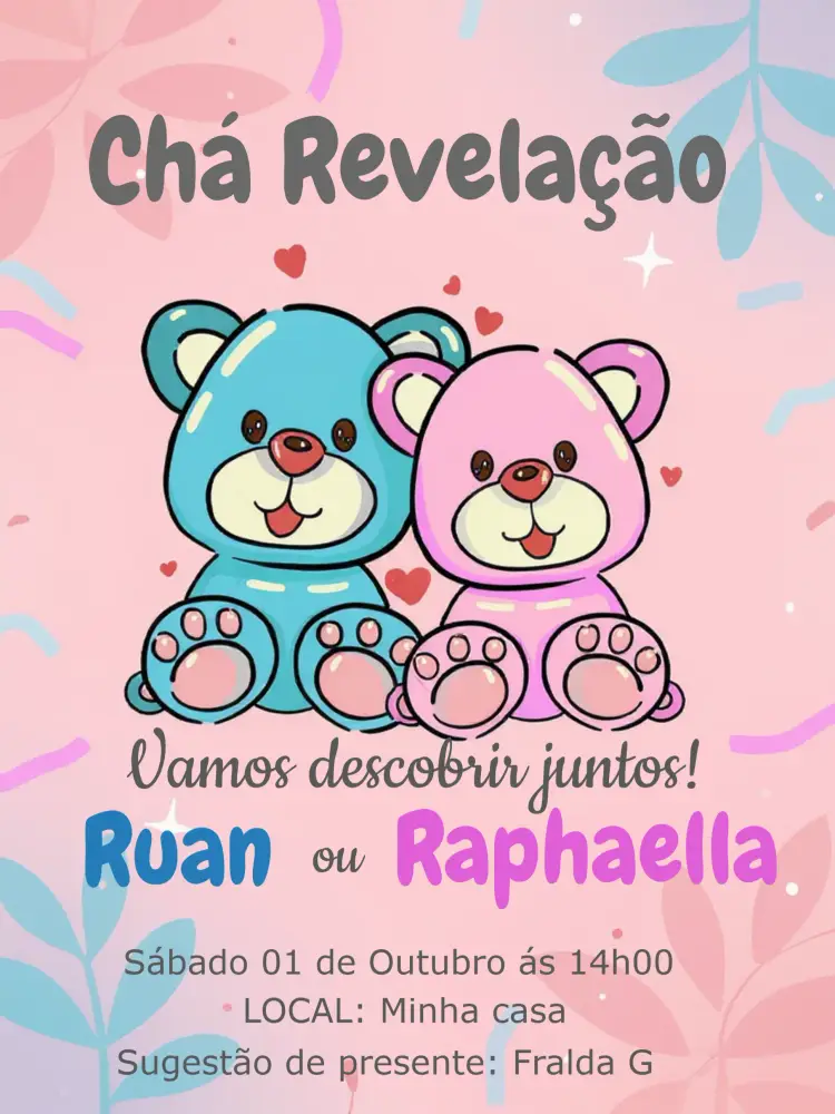 Convite Chá Revelação Ursinhos Colorido
