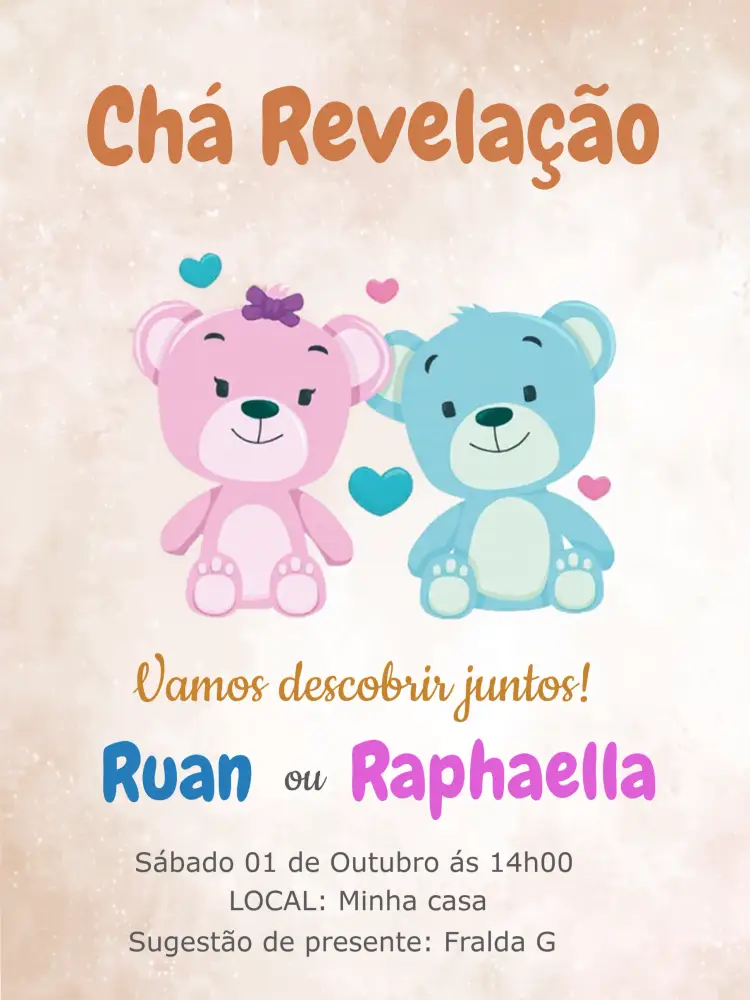 Convite Chá Revelação Ursinhos Colorido