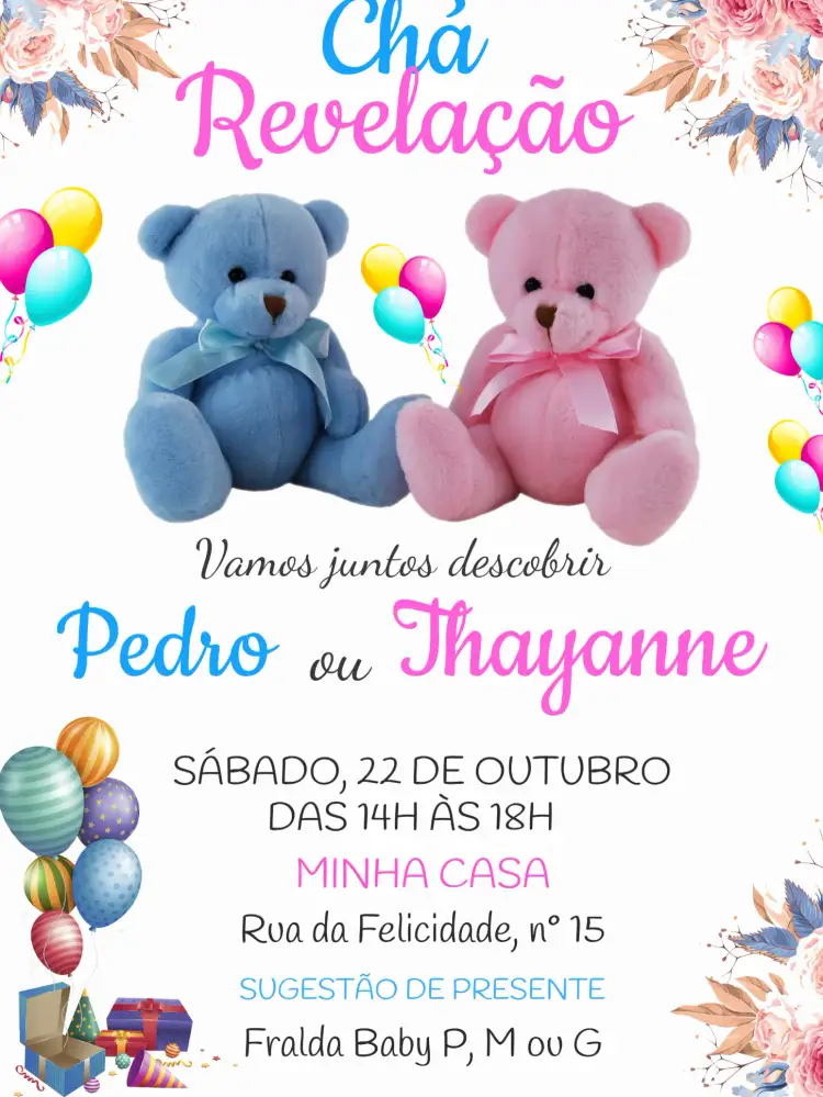 Convite Chá Revelação Ursinhos Digital – tema Chá Revelação colorido, lúdico, aquarela, fofo, infantil, moderno