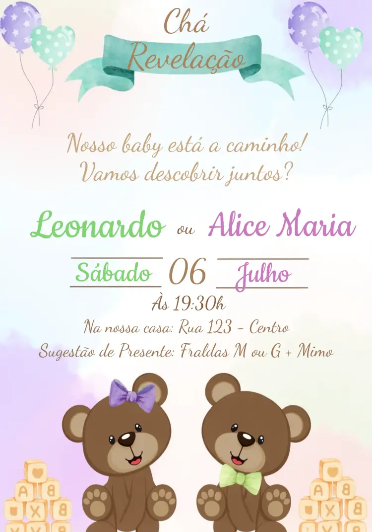 Convite Chá Revelação Ursinhos Fraldas