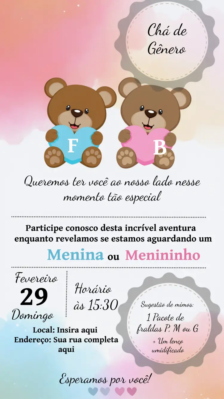 Convite Chá Revelação Ursinhos Fraldas