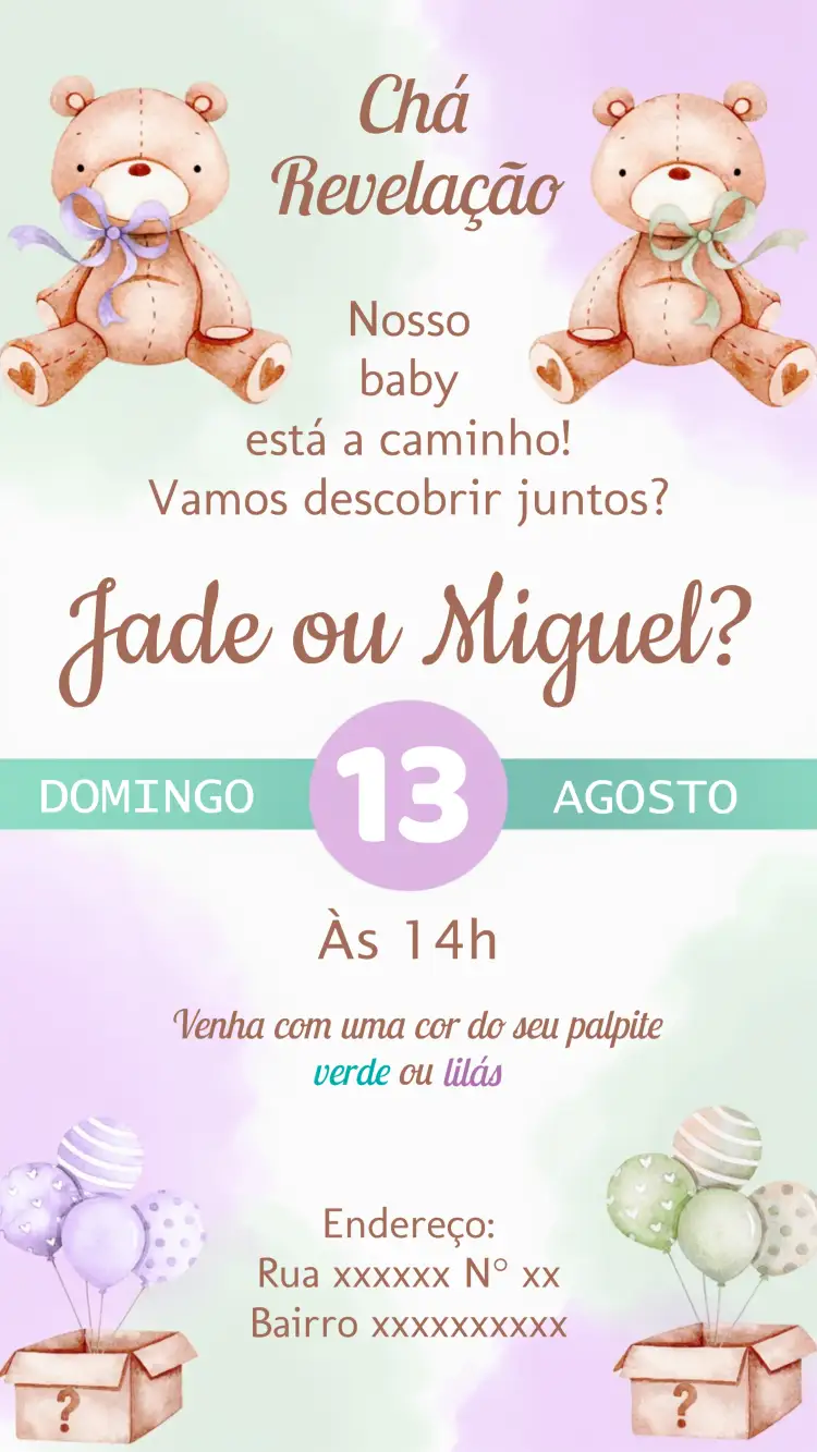 Convite Chá Revelação Ursinhos Infantil – tema Aniversário Infantil ursinhos, verde, lilás, lúdico, infantil, fofo