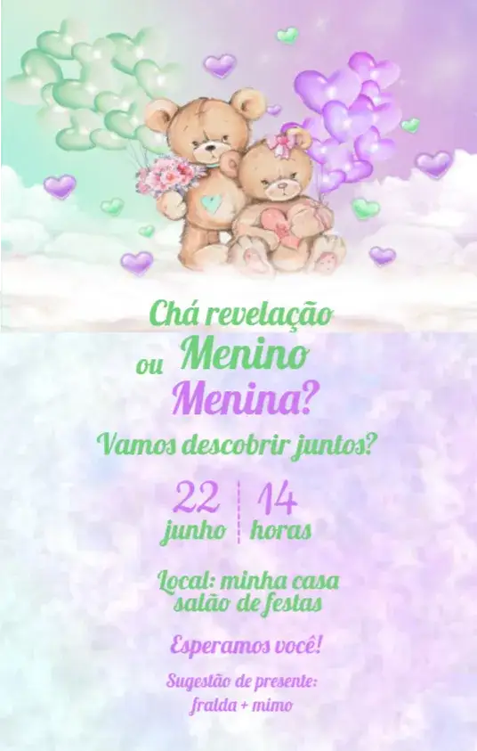 Convite Chá Revelação Ursinhos Lilás – tema Aniversário Infantil lilás, ursinhos, aquarela, suave, infantil, delicado