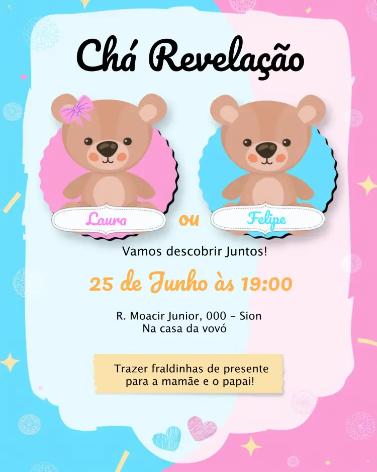 Convite Chá Revelação Ursinhos Menina