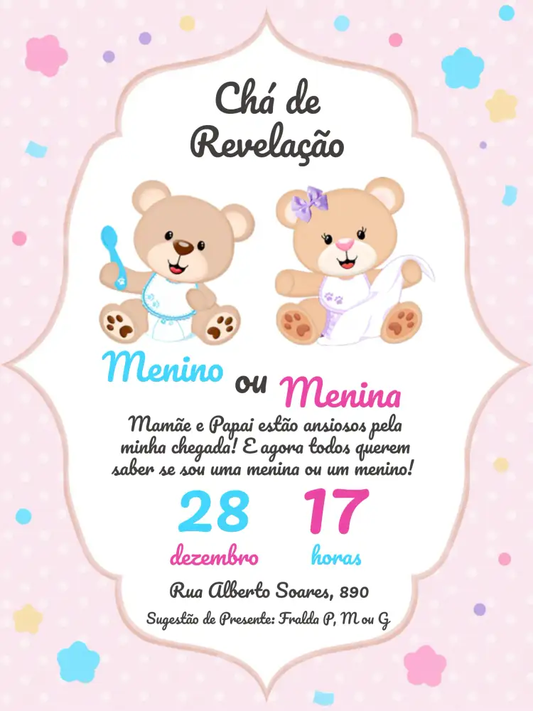 Convite Chá Revelação Ursinhos Menina – tema Chá Revelação rosa e azul, lúdico, fofo, moderno, infantil, divertido