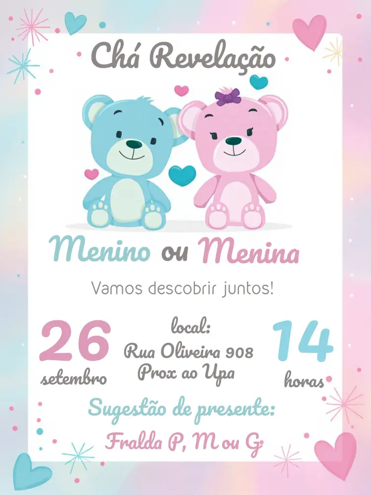 Convite Chá Revelação Ursinhos Menina