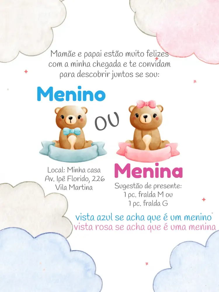 Convite Chá Revelação Ursinhos Menina – tema Chá Revelação cores suaves, estilo lúdico, elementos gráficos de ursinhos, rosa e branco, design moderno, tema de bebê