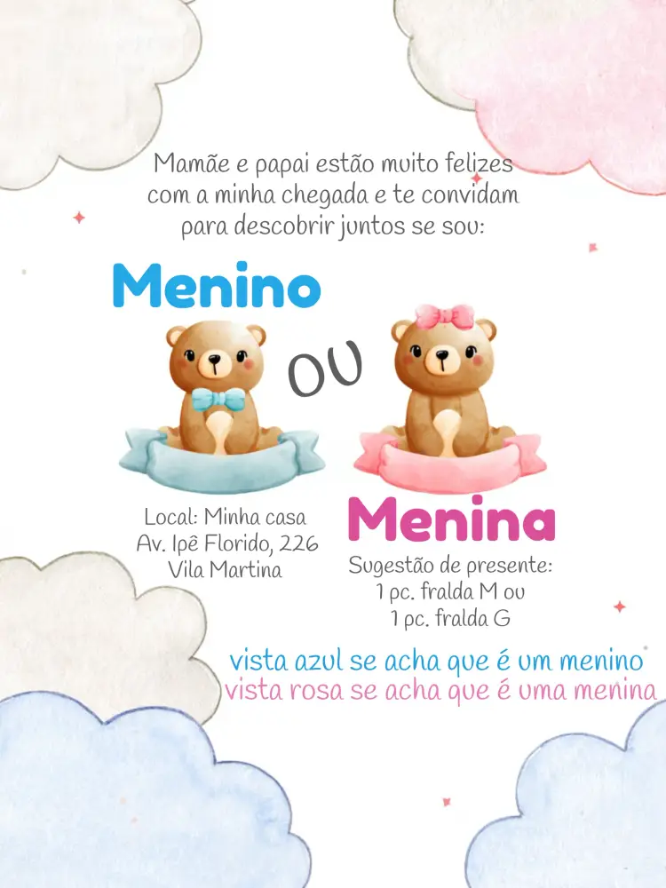 Convite Chá Revelação Ursinhos Menina