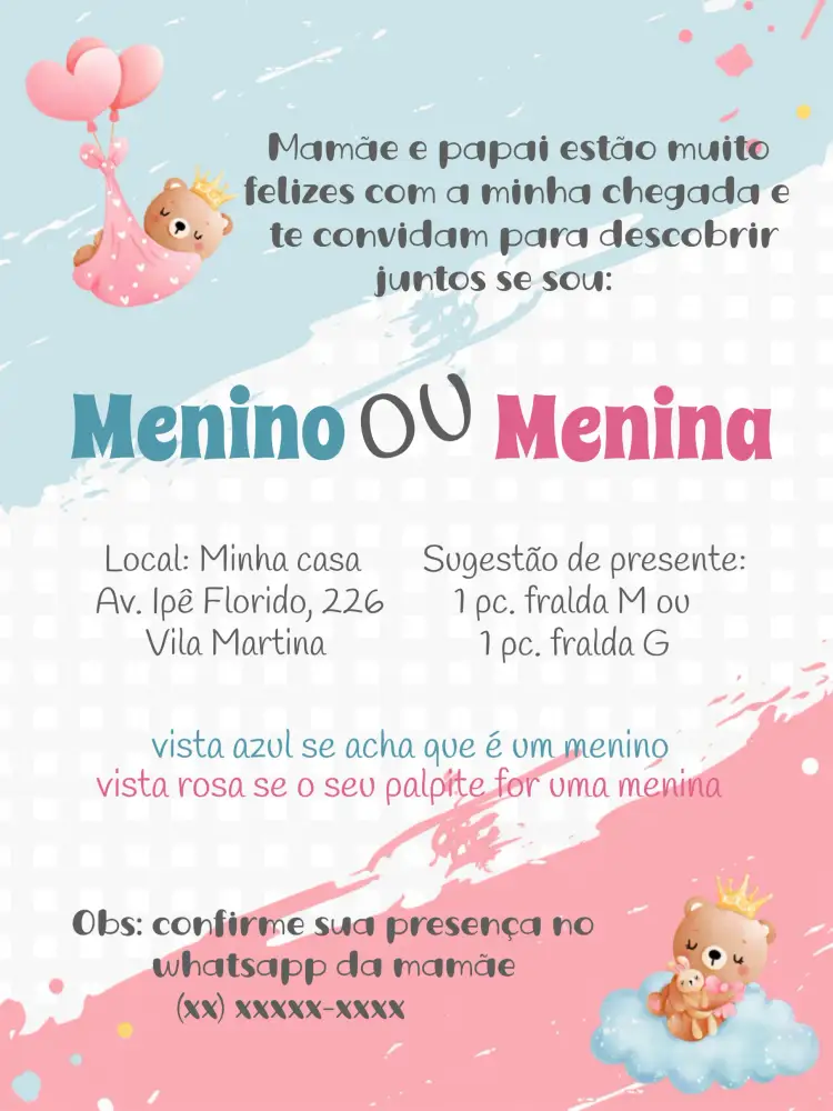 Convite Chá Revelação Ursinhos Menino – tema Chá Revelação azul, ursinhos, divertido, moderno, infantil