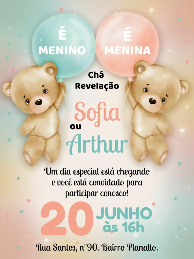 Convite Chá Revelação Ursinhos Menino – tema Chá Revelação fofo, colorido, infantil, brincalhão, moderno, celebração