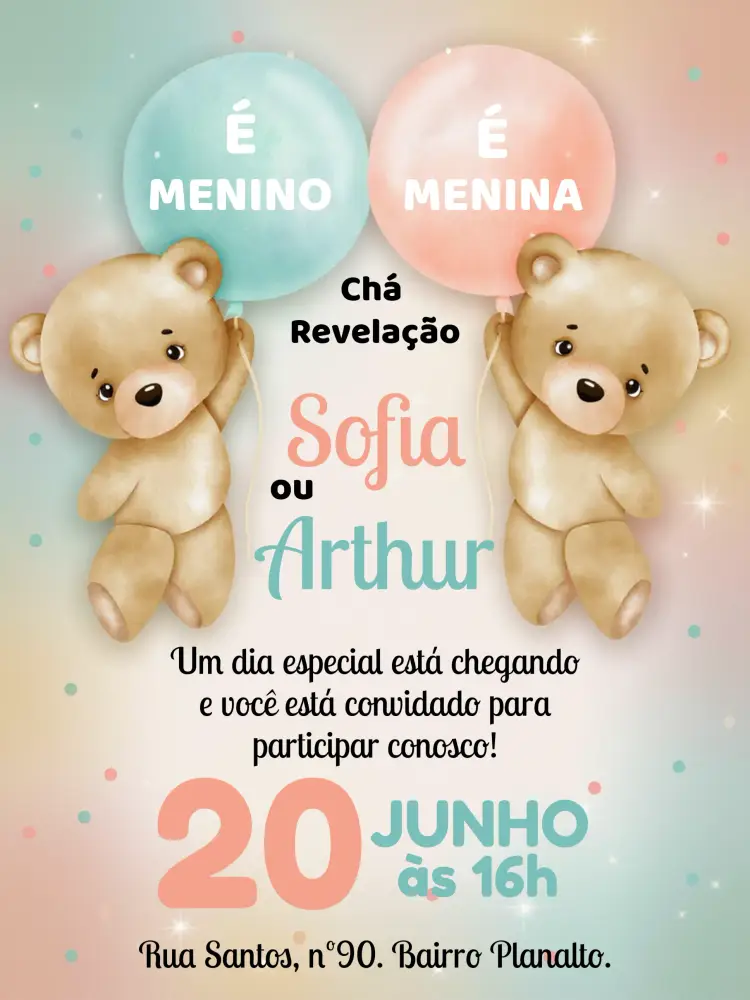 Convite Chá Revelação Ursinhos Menino