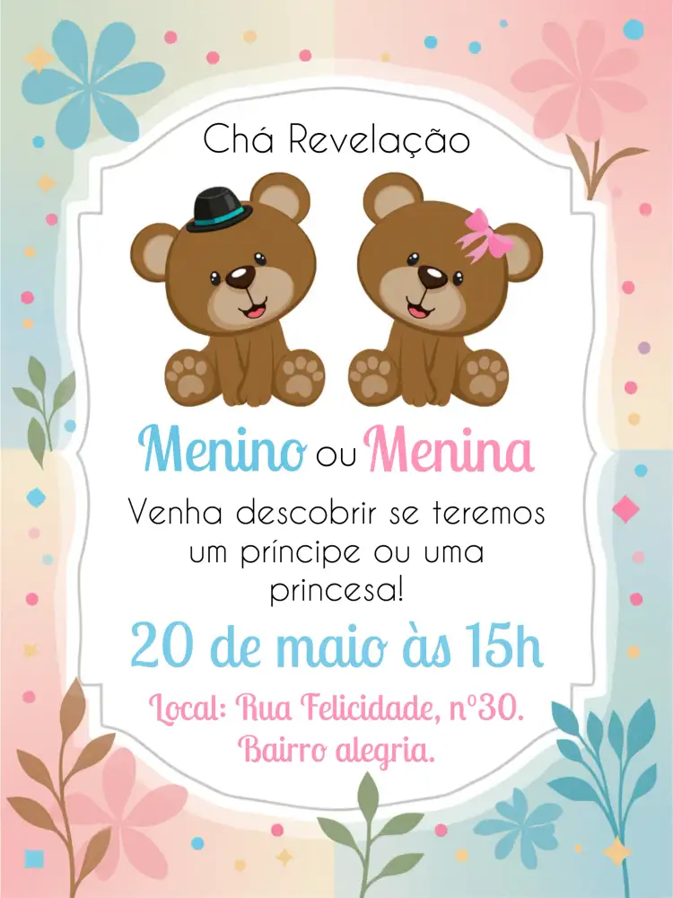 Convite Chá Revelação Ursinhos Menino – tema Chá Revelação fofo, colorido, infantil, animais, moderno