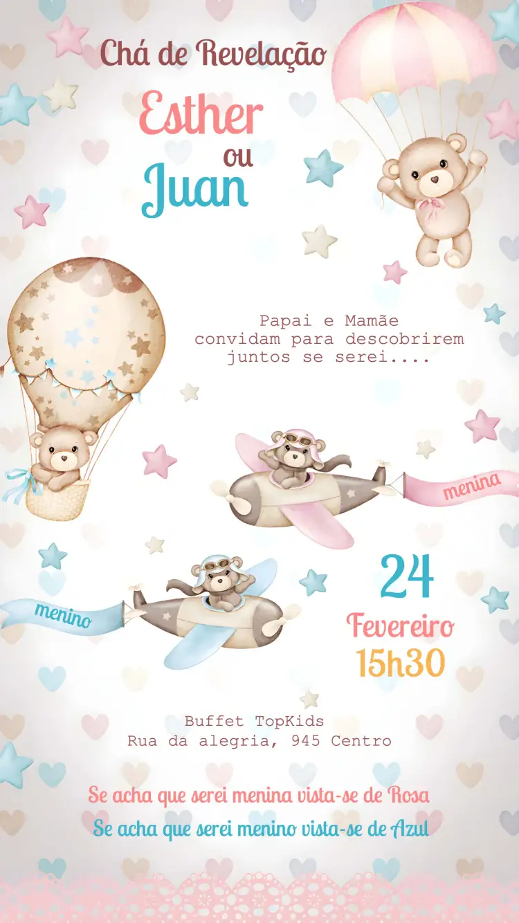 Convite Chá Revelação Ursinhos Menino – tema Aniversário Infantil ursinhos, azul, rosa, divertido, colorido, brincalhão