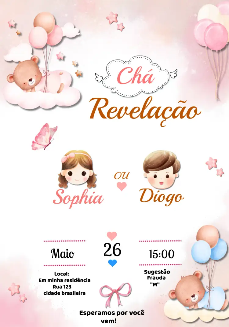 Convite Chá Revelação Ursinhos Menino