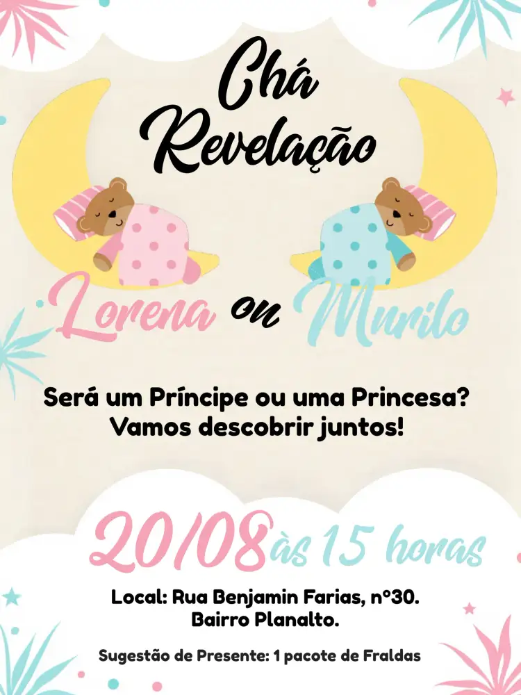 Convite Chá Revelação Ursinhos Menino – tema Chá Revelação fofo, colorido, infantil, moderno, divertido