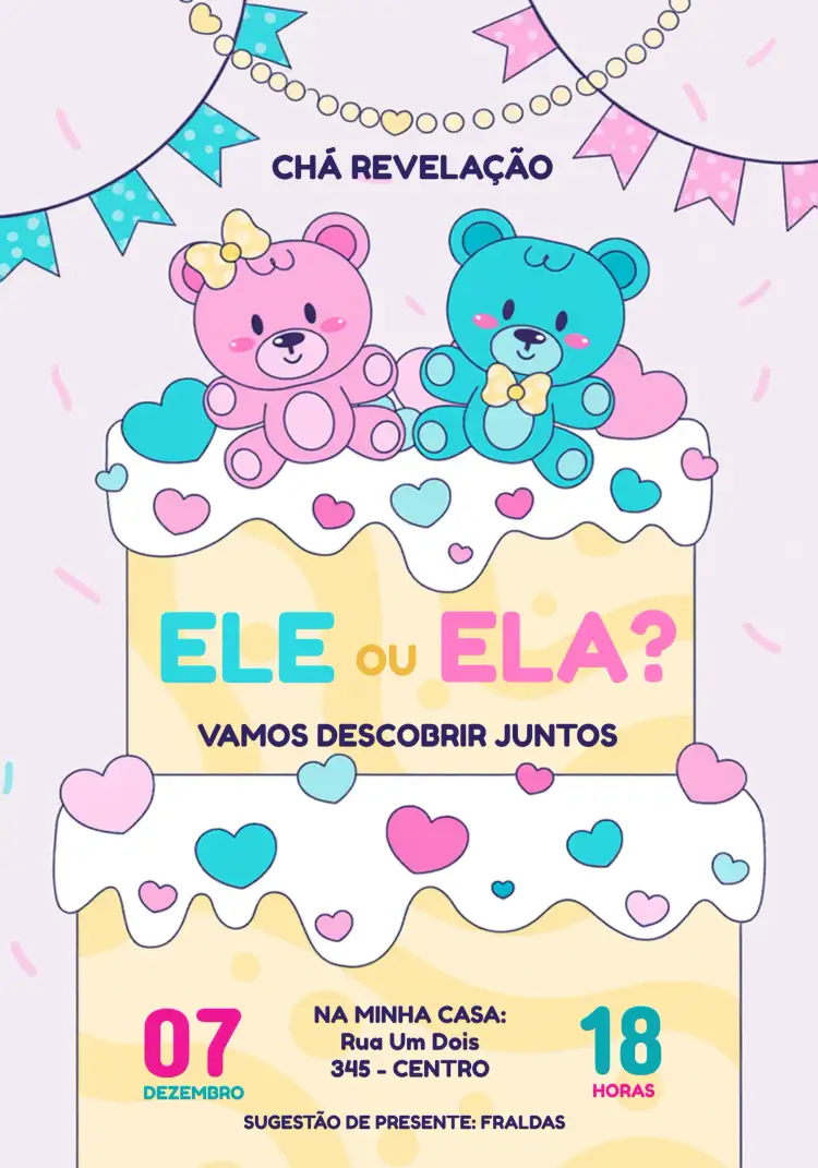 Convite Chá Revelação Ursinhos Mimo – tema Chá Revelação fofo, colorido, infantil, moderno, delicado, festivo