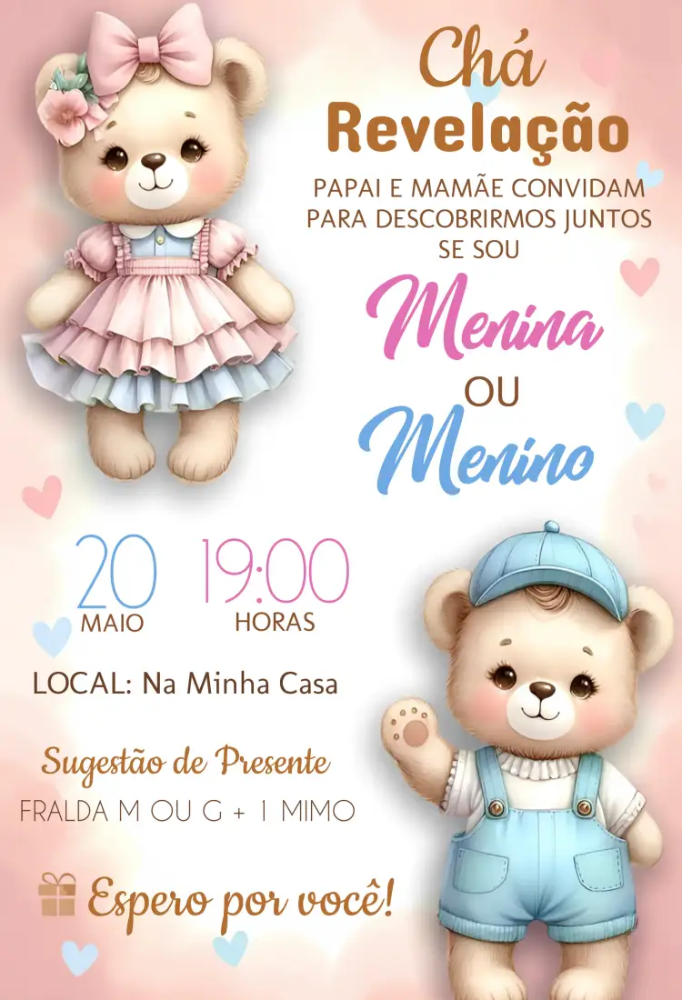 Convite Chá Revelação Ursinhos Neném – tema Aniversário Infantil ursinhos, rosa e azul, ilustração infantil, design alegre, temática de bebê, estilo moderno