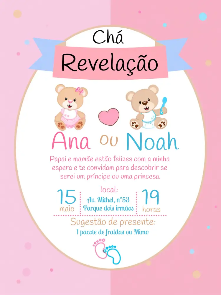 Convite Chá Revelação Ursinhos Princesa – tema Aniversário Infantil rosa, azul, ursinhos, delicado, infantil, lúdico
