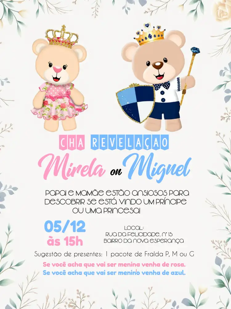 Chá Revelação Ursinhos Realeza Aquarela