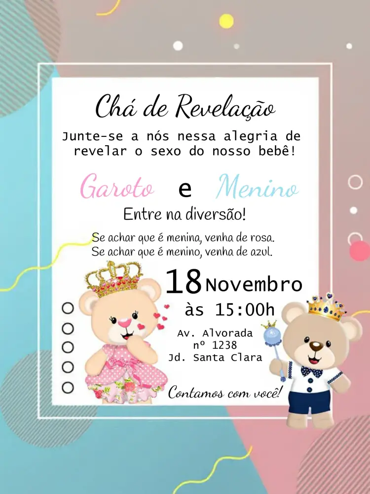 Convite Chá Revelação Ursinhos Realeza Azul