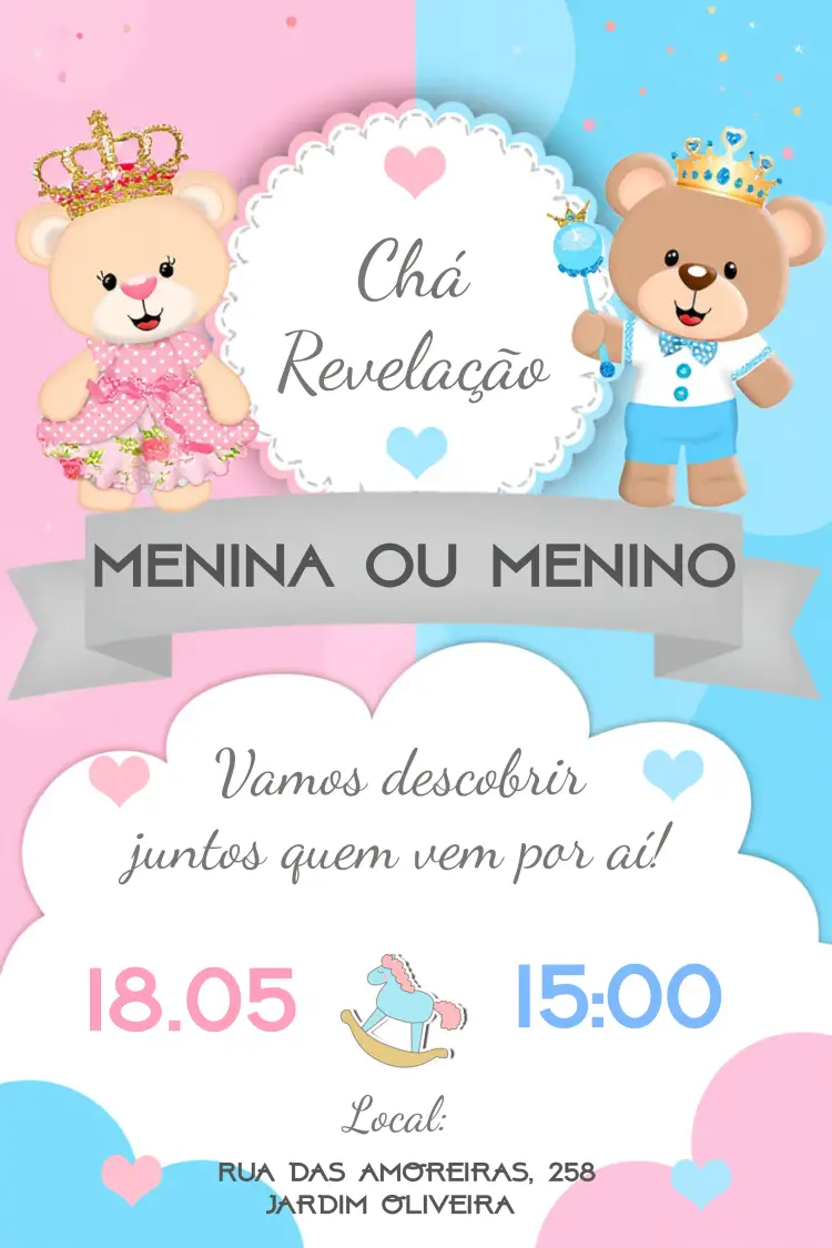 Convite Chá Revelação Ursinhos Realeza Azul