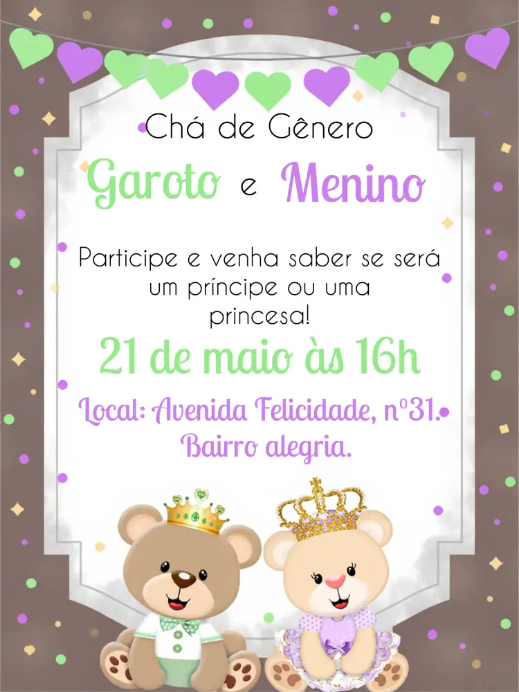 Convite Chá Revelação Ursinhos Realeza Cinza