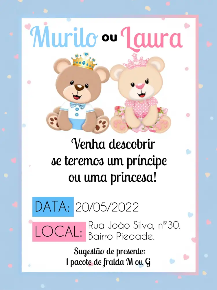 Convite Chá Revelação Ursinhos Realeza Coroa – tema Chá Revelação realeza, ursinhos, coroa, azul e rosa, delicado, festa temática