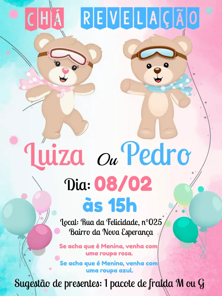 Convite Chá Revelação Ursinhos Realeza Menina