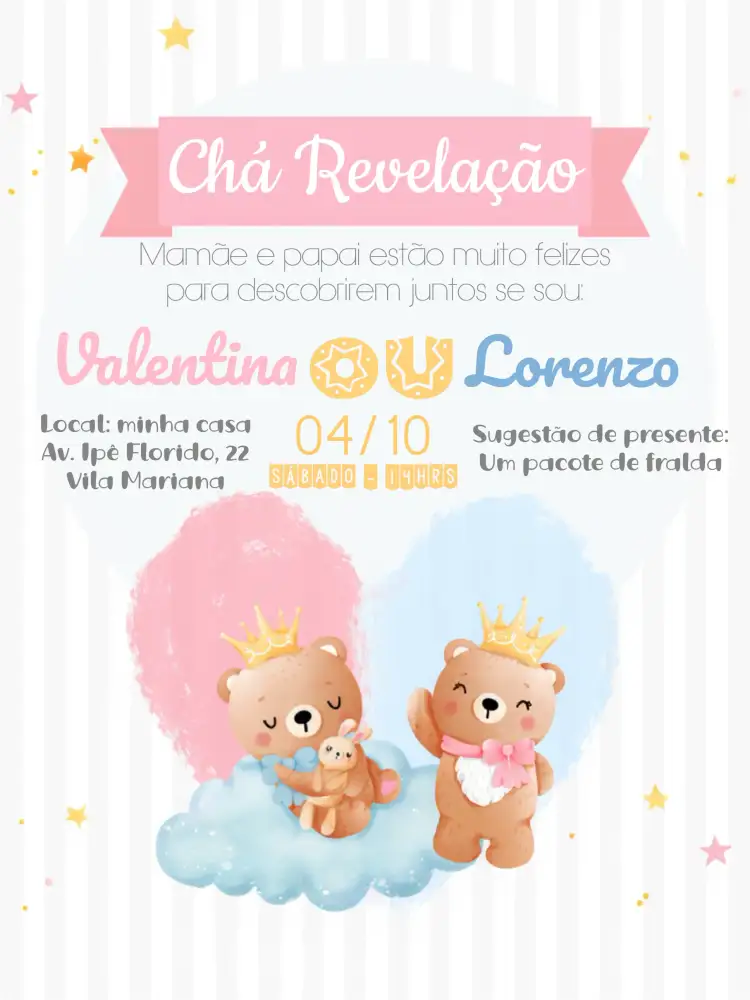 Convite Chá Revelação Ursinhos Realeza Menino – tema Chá Revelação azul e rosa, ursinhos, realeza, infantil, divertido, colorido